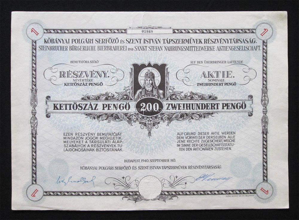 Kőbányai Polgári Serfőző részvény 200 pengő 1940